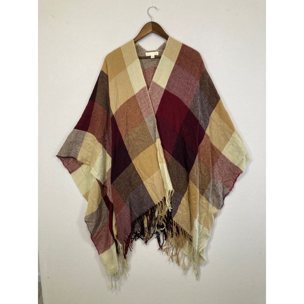 Francesca's Plaid Poncho Women OS Burgundy Tan Fringe Open Front Wrap HLCJ-0501